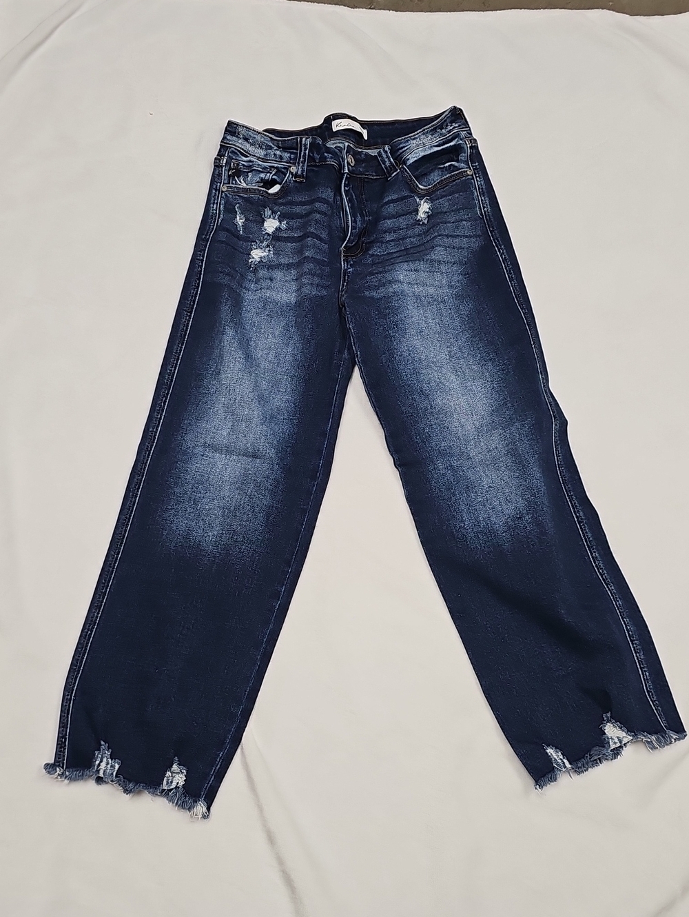 Wide-Leg Dark Blue Distressed Women's Jeans
